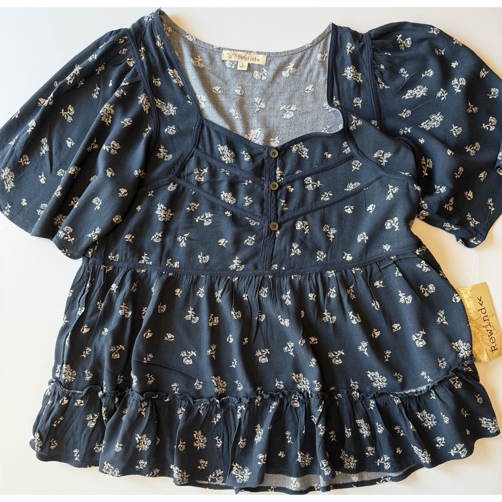 Rewind Womens L Navy Floral Peplum Blouse Boho Puff‎ Sleeve NWT